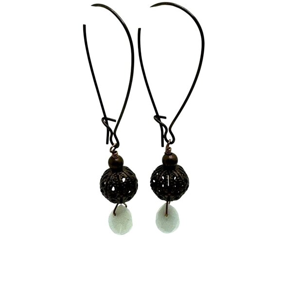 Handcrafted Bronze Filigree Opaque Aqua Teardrop Earrings Long Ear Wires - Picture 2 of 8